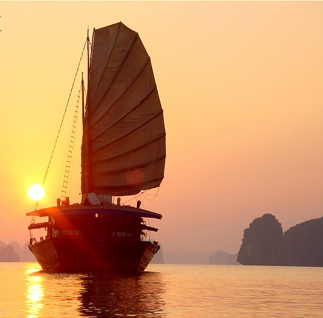 Traditional brown junks in Halong Bay Vietnam